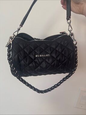 MZ Wallace Black Quilted Mini Barrel Bag with Chain Strap